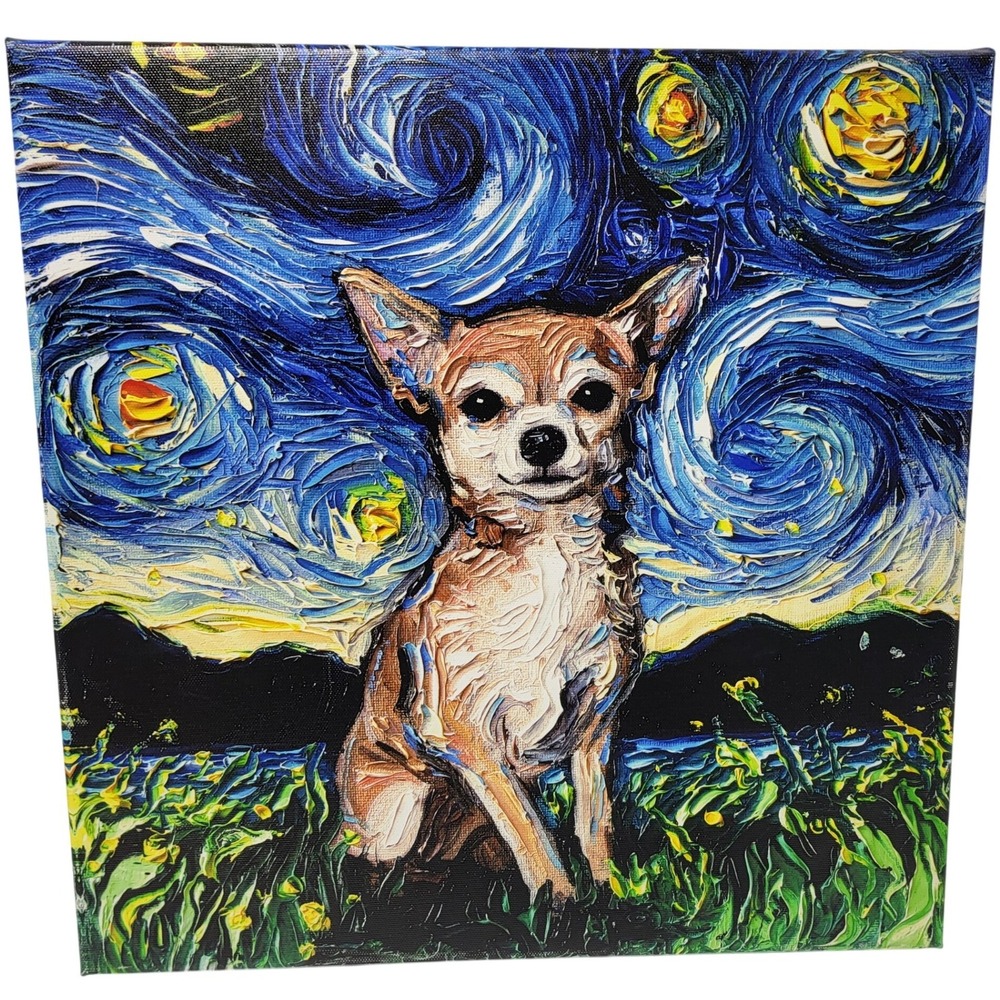 Aja Trier Chihuahua Night Starry Night Parody Giclee Canvas Art Print 12x12